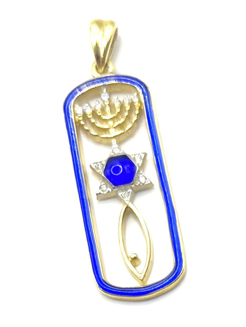 14k Gold & Diamond With Blue Enamel Messianic "Grafted In" Necklace